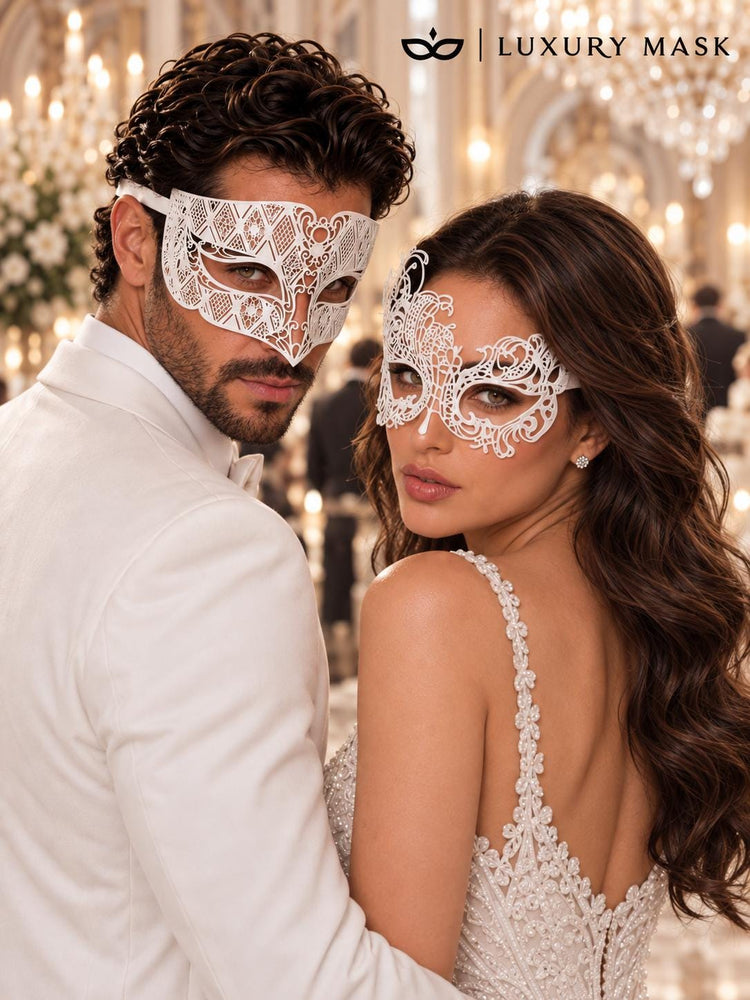 White Swan Lace Mask for Women & White Diamond Laser Cut Metal Mask for Men | All White Venetian Masquerade Set - product image 3