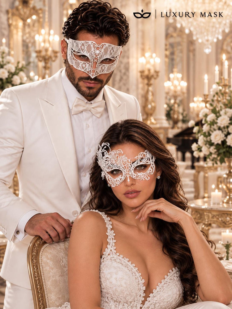 White Swan Lace Mask for Women & White Diamond Laser Cut Metal Mask for Men | All White Venetian Masquerade Set - product image 4