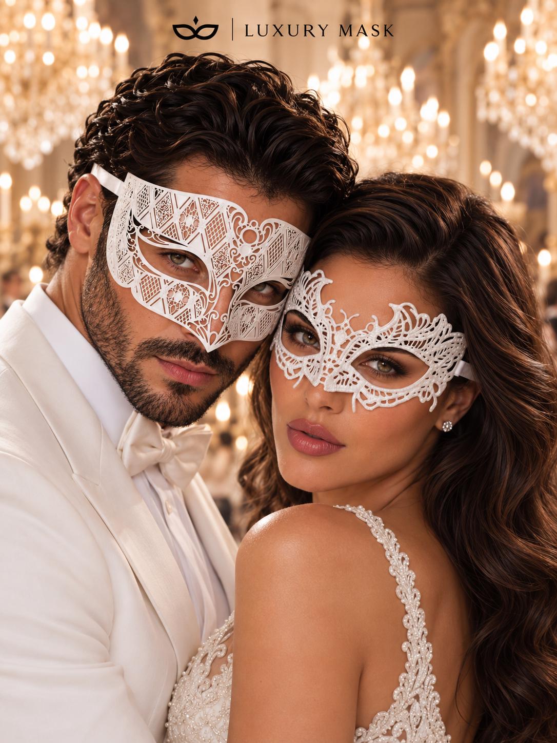 White Diamond Metal Mask for Men & White Lace Mask for Women | Elegant All White Masquerade Masks for Couples - product image 2