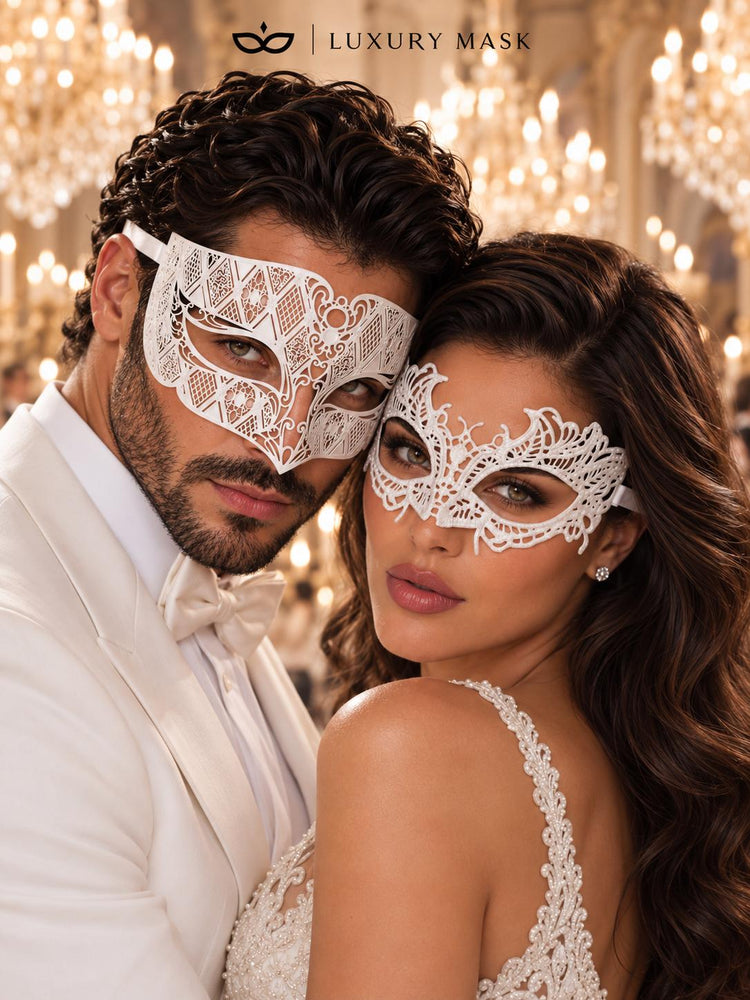 White Diamond Metal Mask for Men & White Lace Mask for Women | Elegant All White Masquerade Masks for Couples - product image 2
