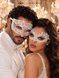 White Diamond Metal Mask for Men & White Lace Mask for Women | Elegant All White Masquerade Masks for Couples - product image 2