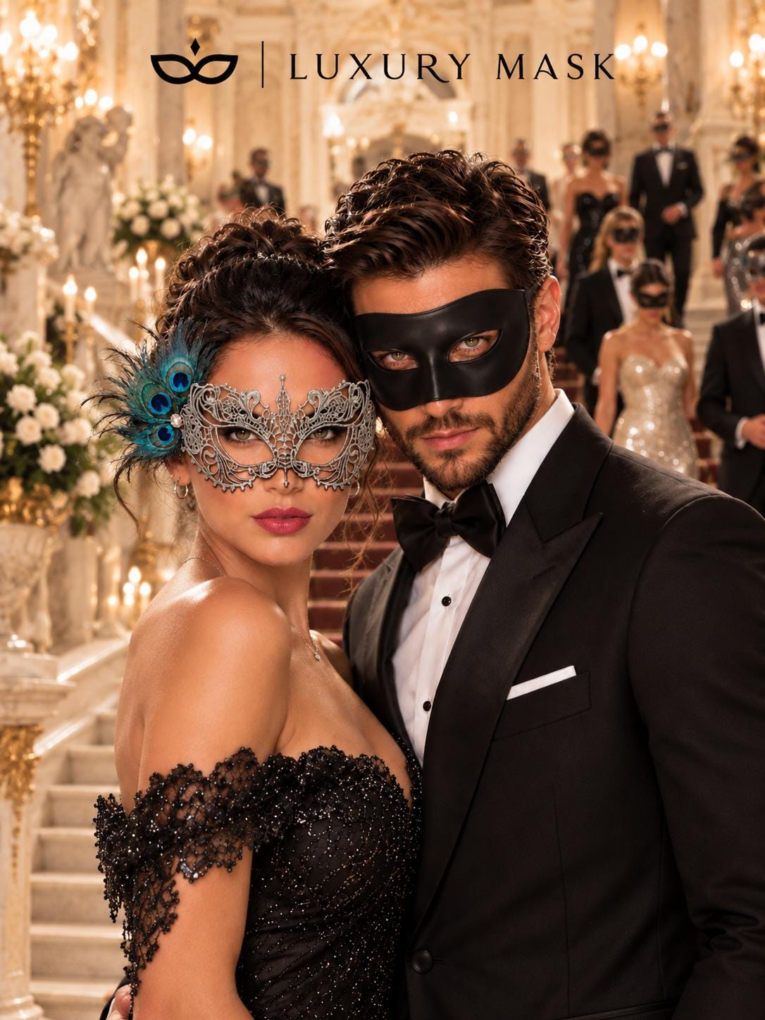 Black Venetian Mask for Him & Silver Peacock Feather Lace Mask for Her | Elegant Couples Masquerade Set - product image 2