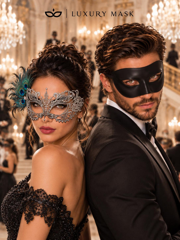 Black Venetian Mask for Him & Silver Peacock Feather Lace Mask for Her | Elegant Couples Masquerade Set - product image 3
