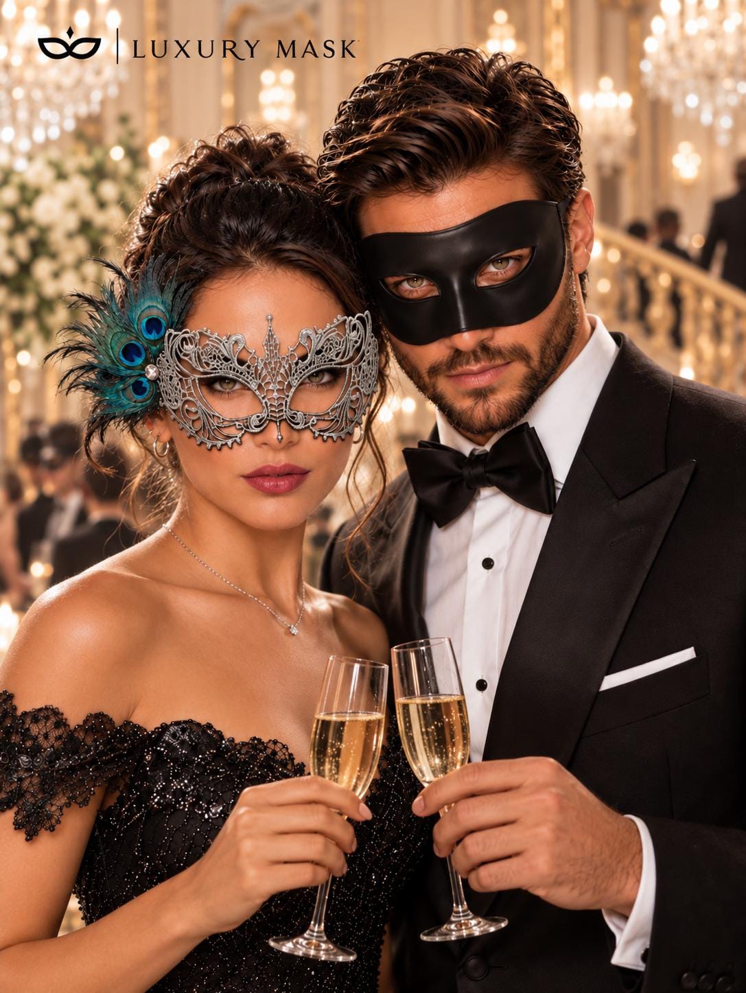 Black Venetian Mask for Him & Silver Peacock Feather Lace Mask for Her | Elegant Couples Masquerade Set - product image 4
