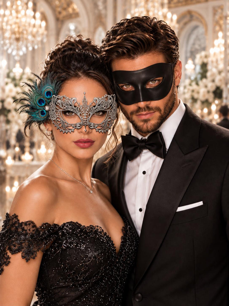 Black Venetian Mask for Him & Silver Peacock Feather Lace Mask for Her | Elegant Couples Masquerade Set - product image 1