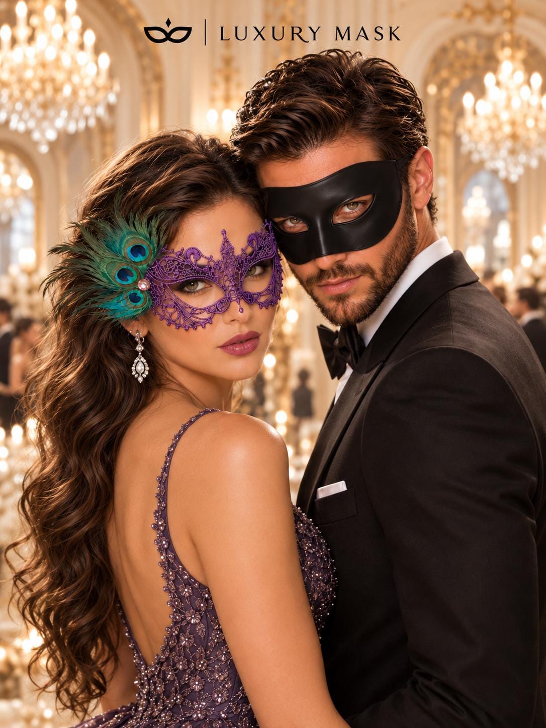 Black & Purple Masquerade Pair | Classic Venetian Mask for Men with Purple Peacock Feather Lace Mask for Women - product image 3