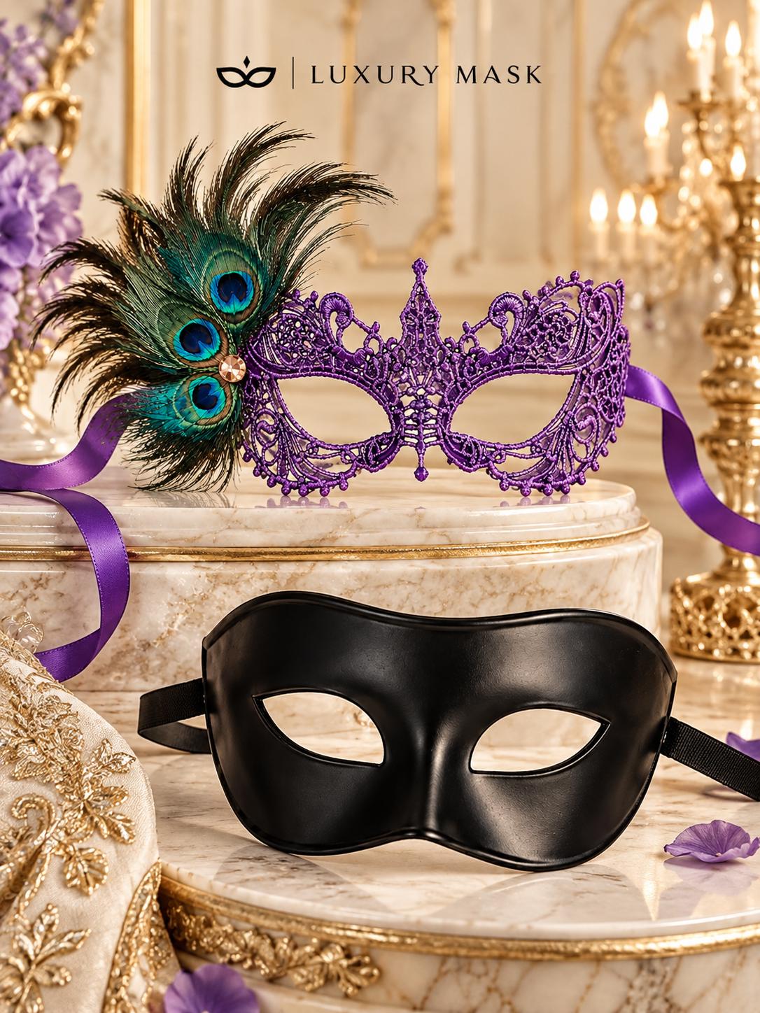 Black & Purple Masquerade Pair | Classic Venetian Mask for Men with Purple Peacock Feather Lace Mask for Women - product image 6