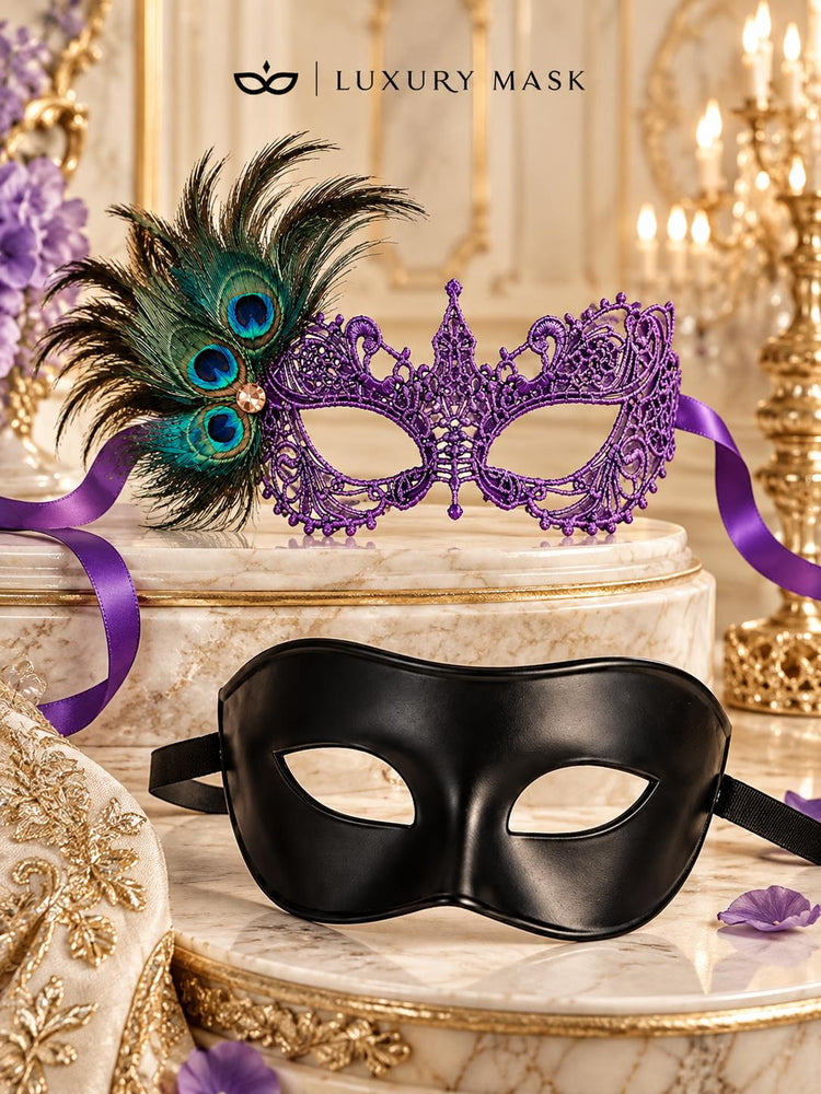 Black & Purple Masquerade Pair | Classic Venetian Mask for Men with Purple Peacock Feather Lace Mask for Women - product image 6