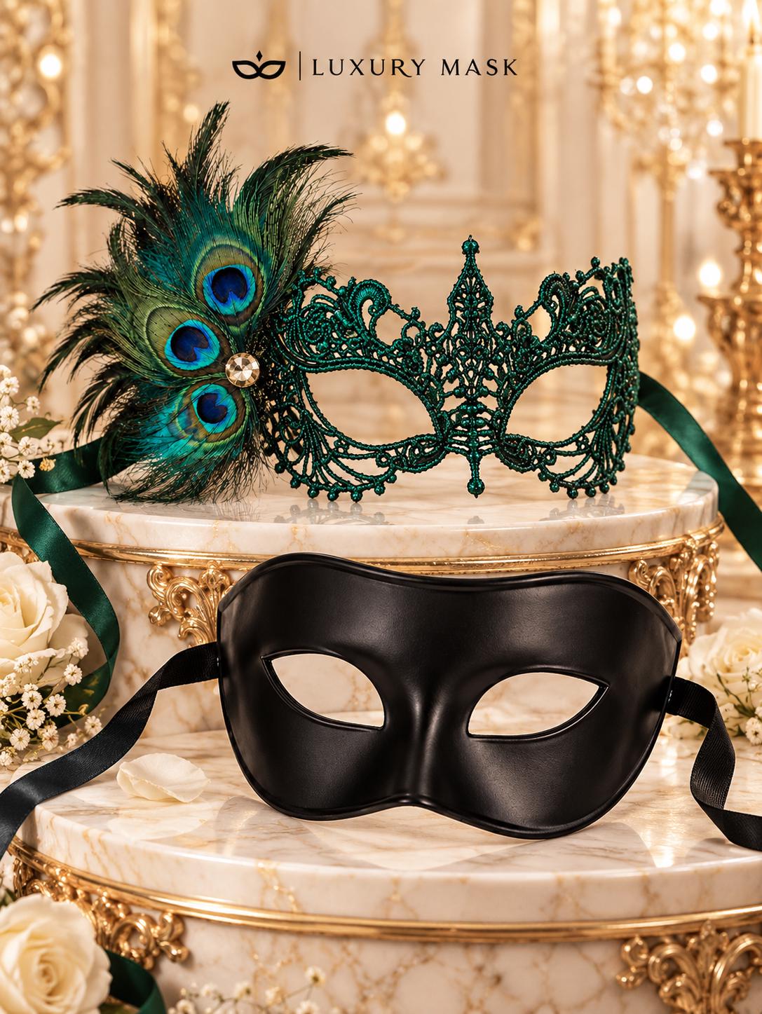 Black Venetian Mask for Men Paired with Green Peacock Feather Lace Mask for Women | Masquerade Couple Masks - product image 6