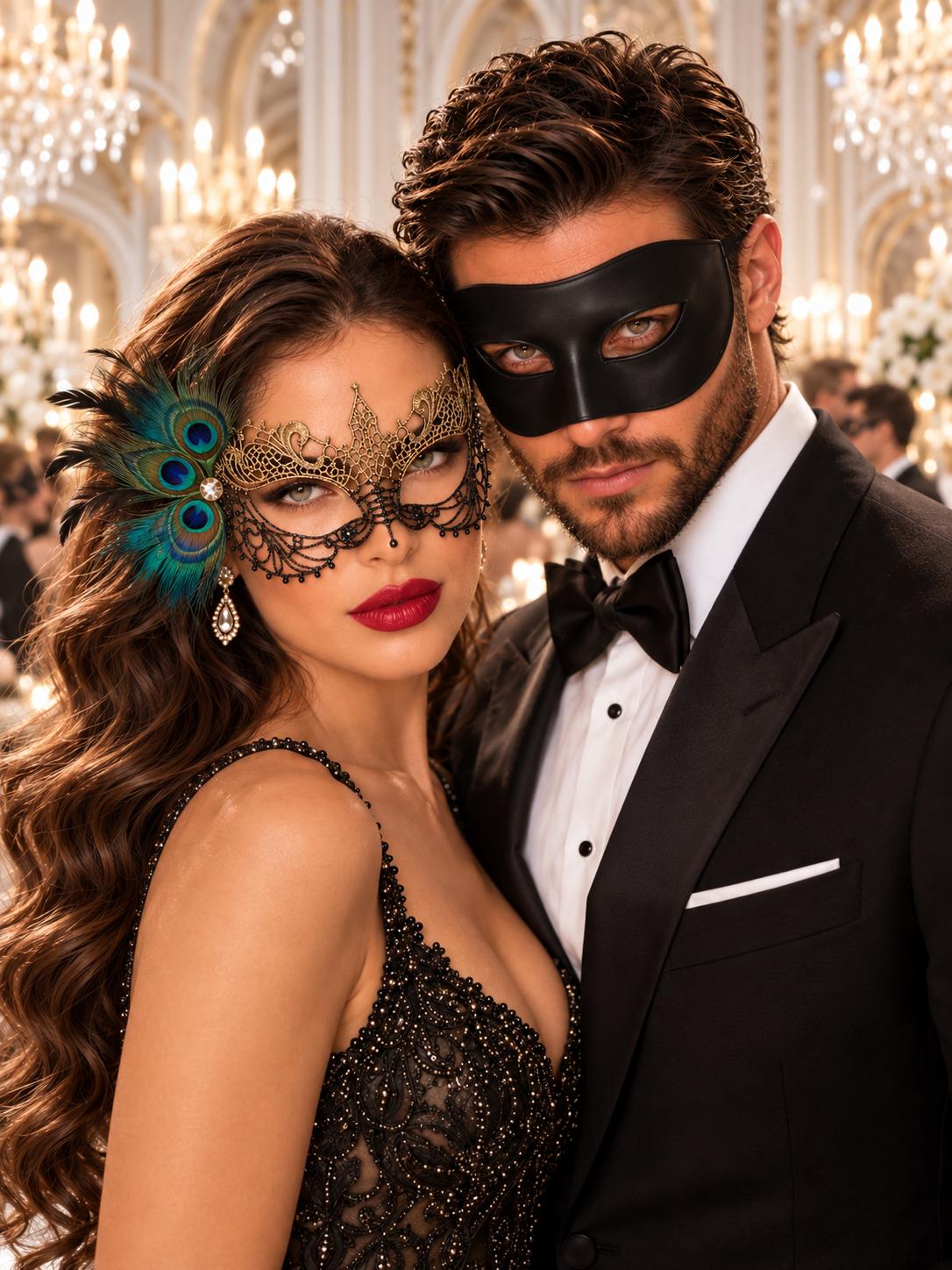 Black Classic Venetian Mask for Men & Gold Black Peacock Lace Mask for Women | Couples Masquerade Set - product image 1