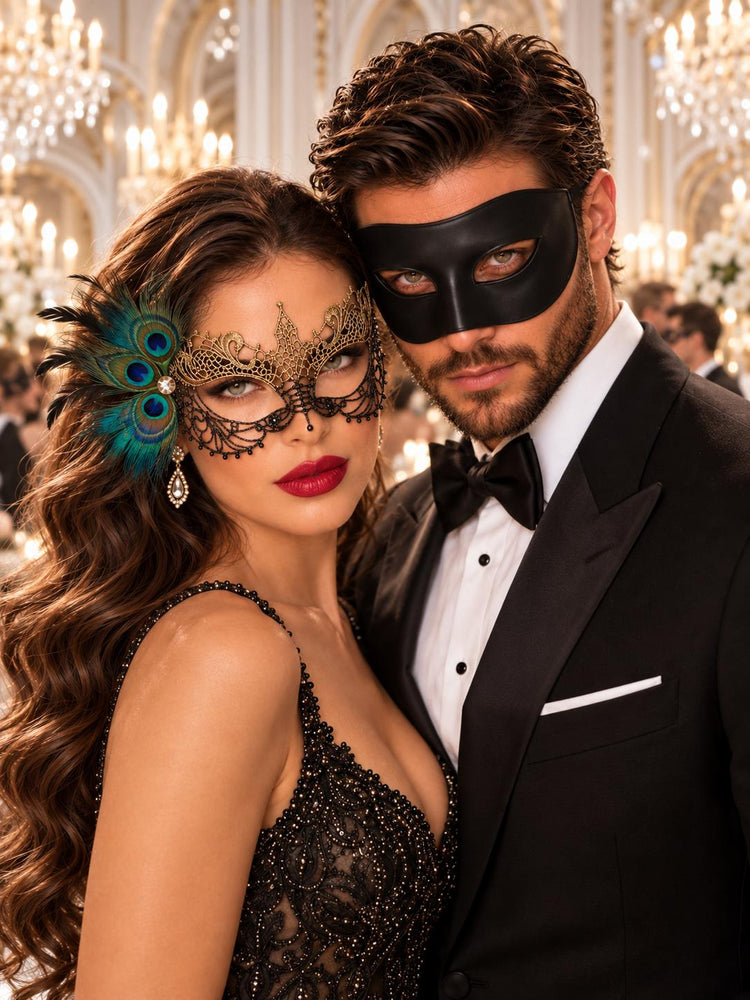 Black Classic Venetian Mask for Men & Gold Black Peacock Lace Mask for Women | Couples Masquerade Set - product image 1