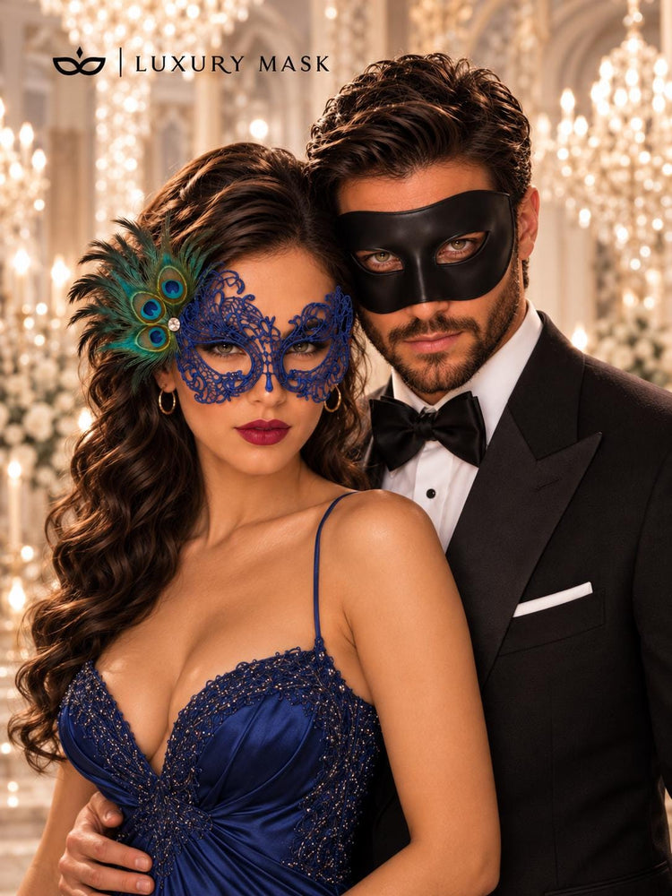 Black Classic Venetian Mask for Him & Blue Swan Peacock Feather Lace Mask for Her | Couples Masquerade Set - product image 3