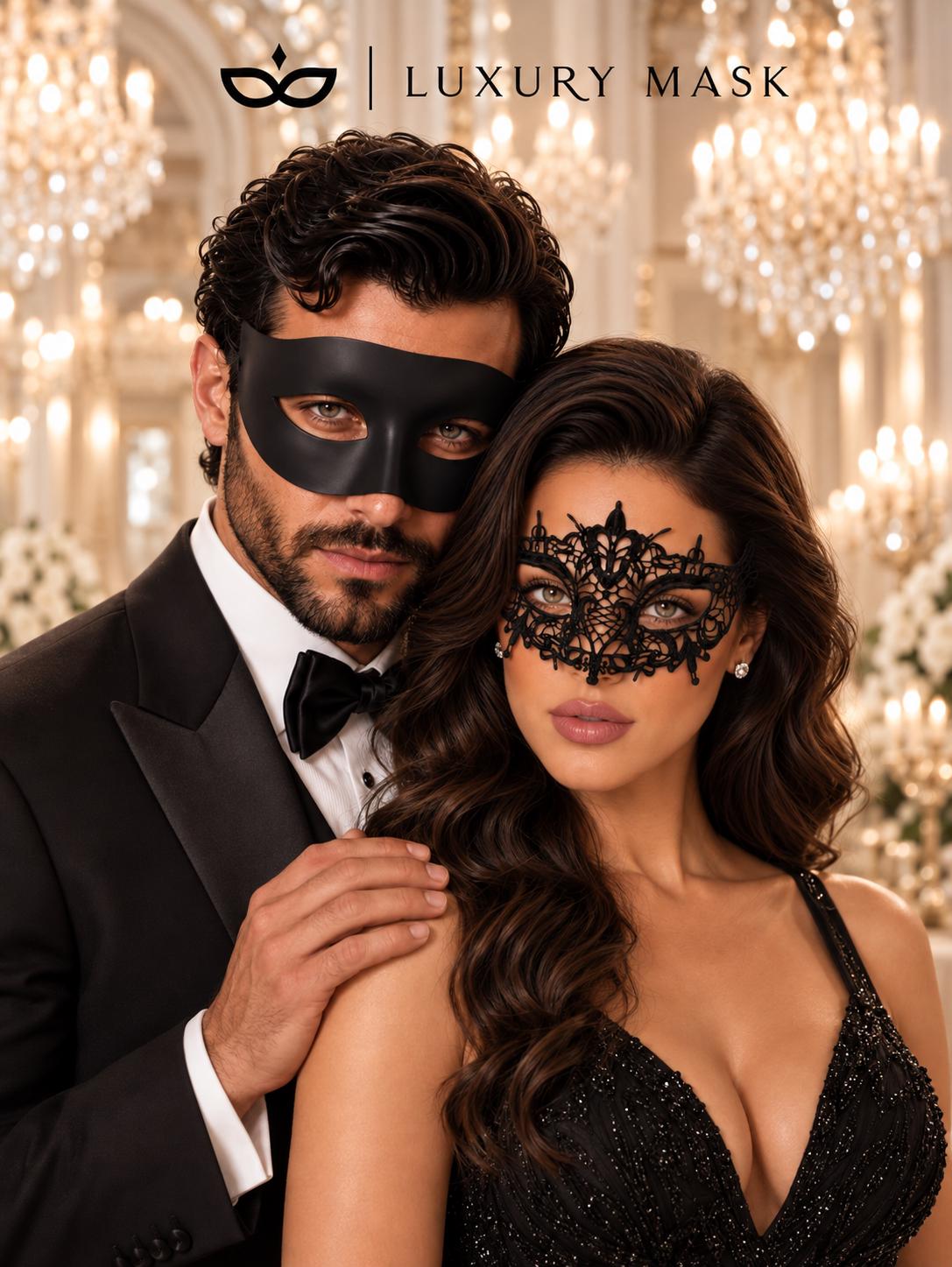 Black Classic Venetian Mask for Men & Elegant Black Lace Mask for Women | His and Hers Masquerade Set - product image 2