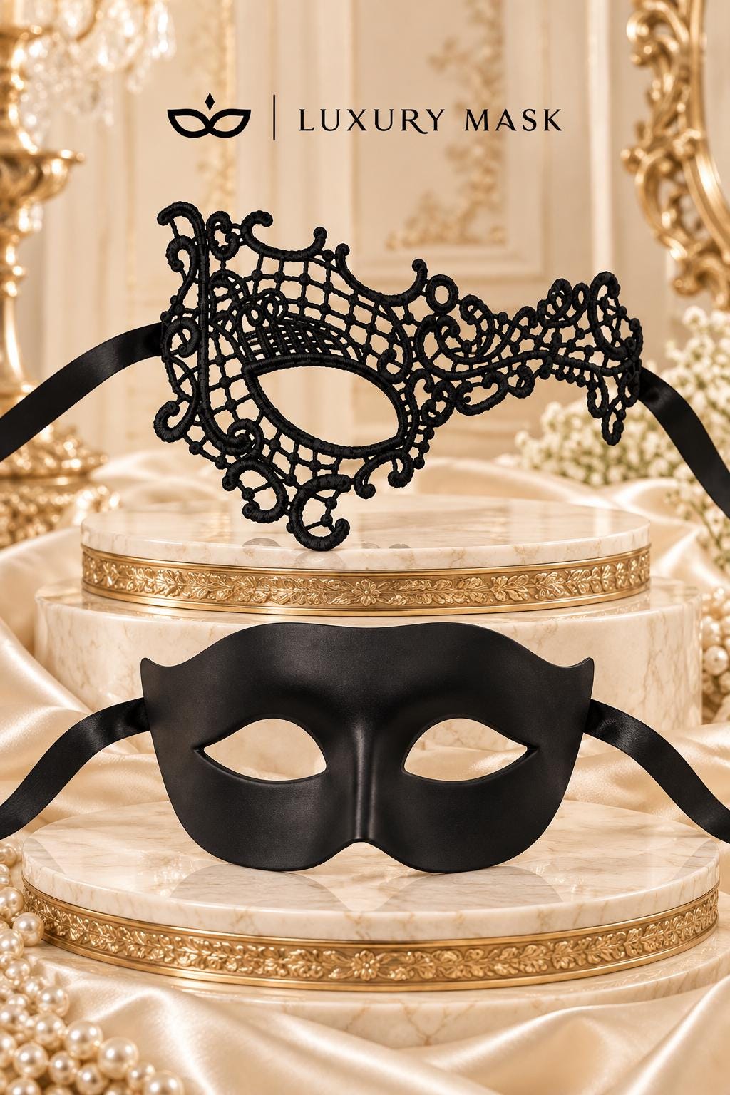 Black Classic Venetian Mask for Men & Black Phantom Lace Mask for Women | His and Hers Masquerade Set - product image 6