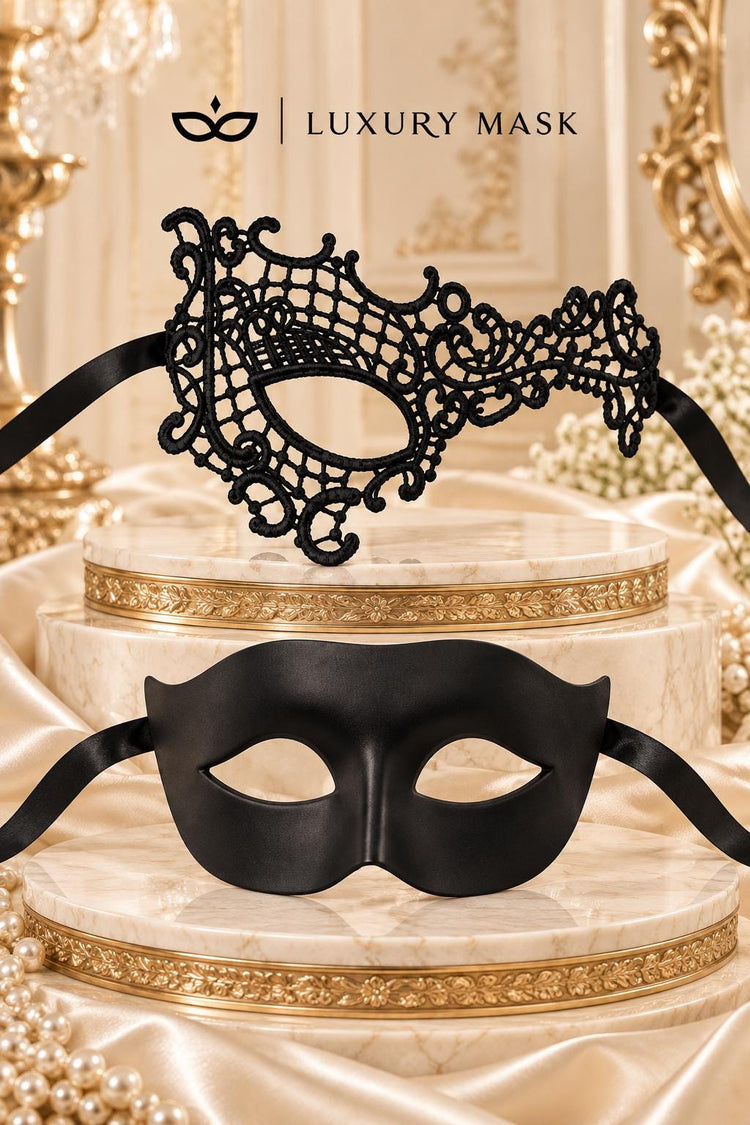 Black Classic Venetian Mask for Men & Black Phantom Lace Mask for Women | His and Hers Masquerade Set - product image 6
