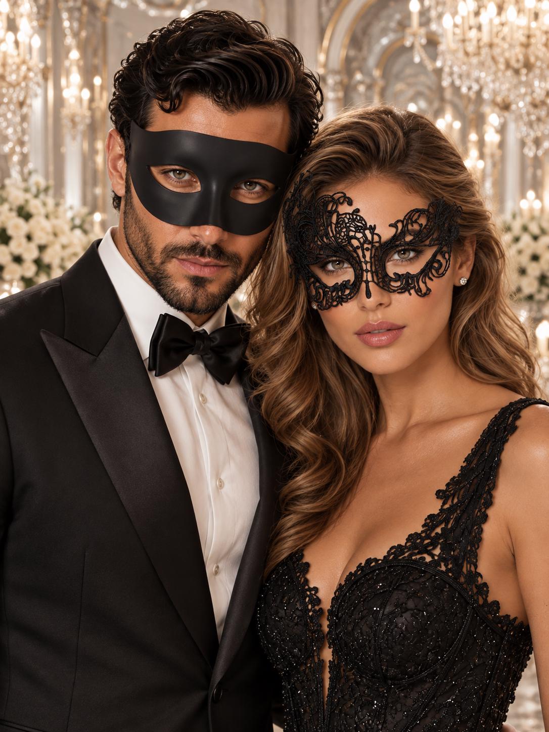 Black Swan Lace Mask for Women with Classic Black Venetian Mask for Men | Elegant Couples Masquerade Set - product image 1