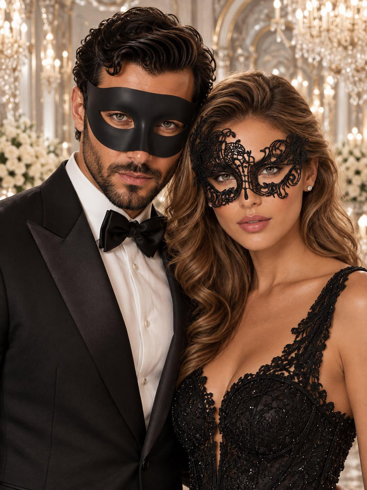 Black Swan Lace Mask for Women with Classic Black Venetian Mask for Men | Elegant Couples Masquerade Set - product image 1