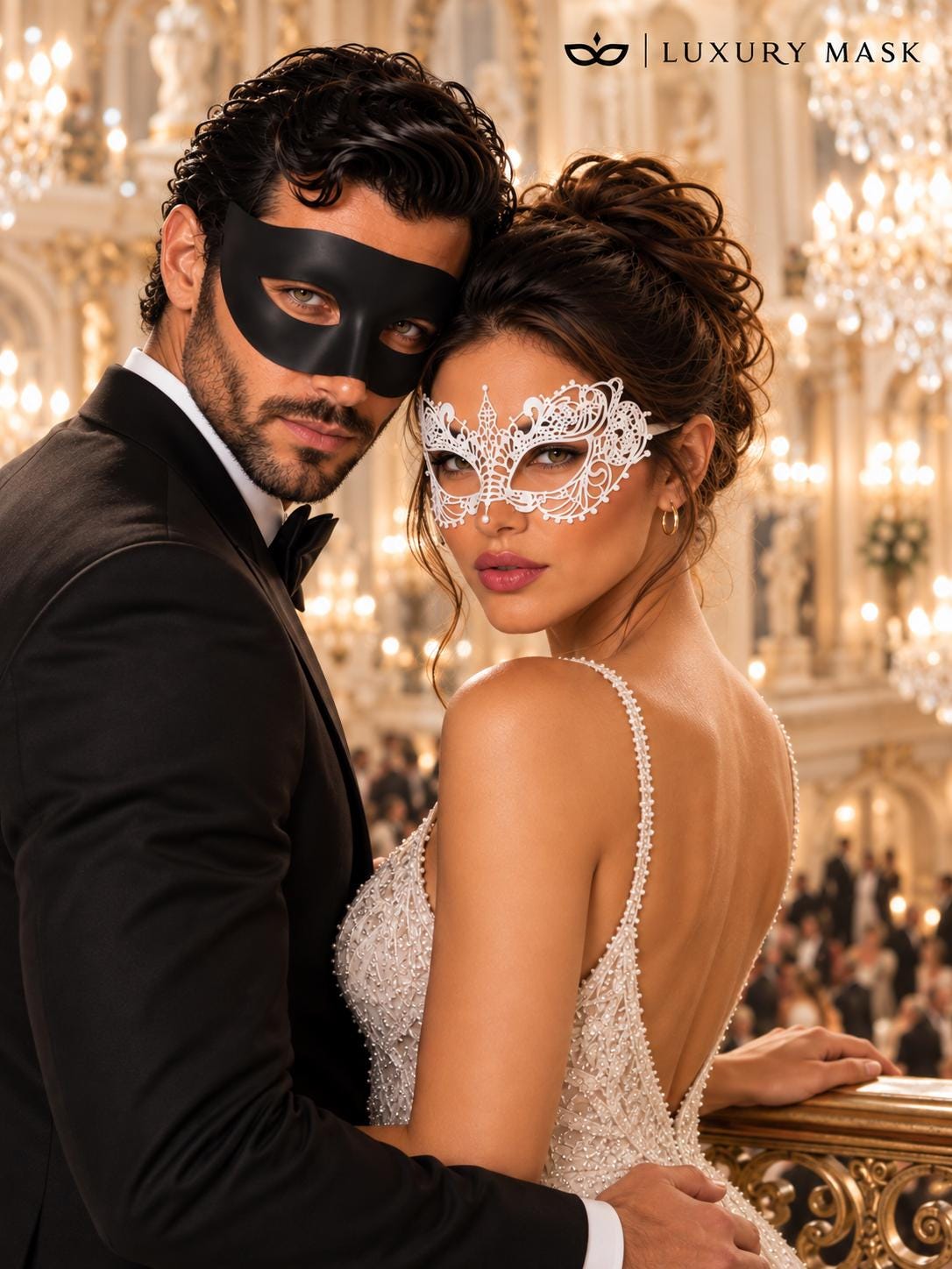 Black & White Masquerade Pair | Classic Venetian Mask for Men with Elegant White Lace Mask for Women - product image 4