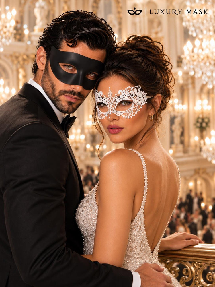 Black & White Masquerade Pair | Classic Venetian Mask for Men with Elegant White Lace Mask for Women - product image 4
