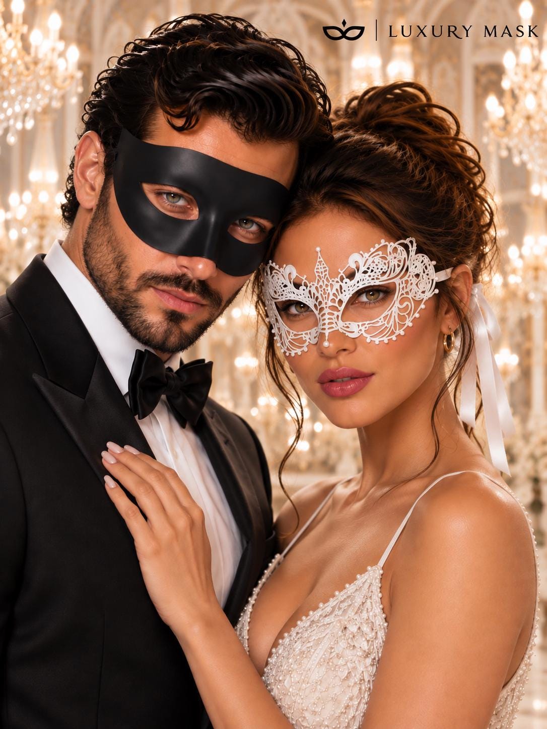 Black & White Masquerade Pair | Classic Venetian Mask for Men with Elegant White Lace Mask for Women - product image 3