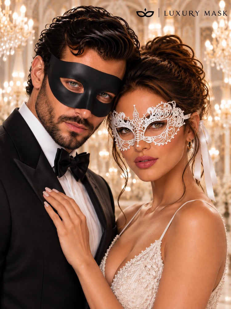 Black & White Masquerade Pair | Classic Venetian Mask for Men with Elegant White Lace Mask for Women - product image 3