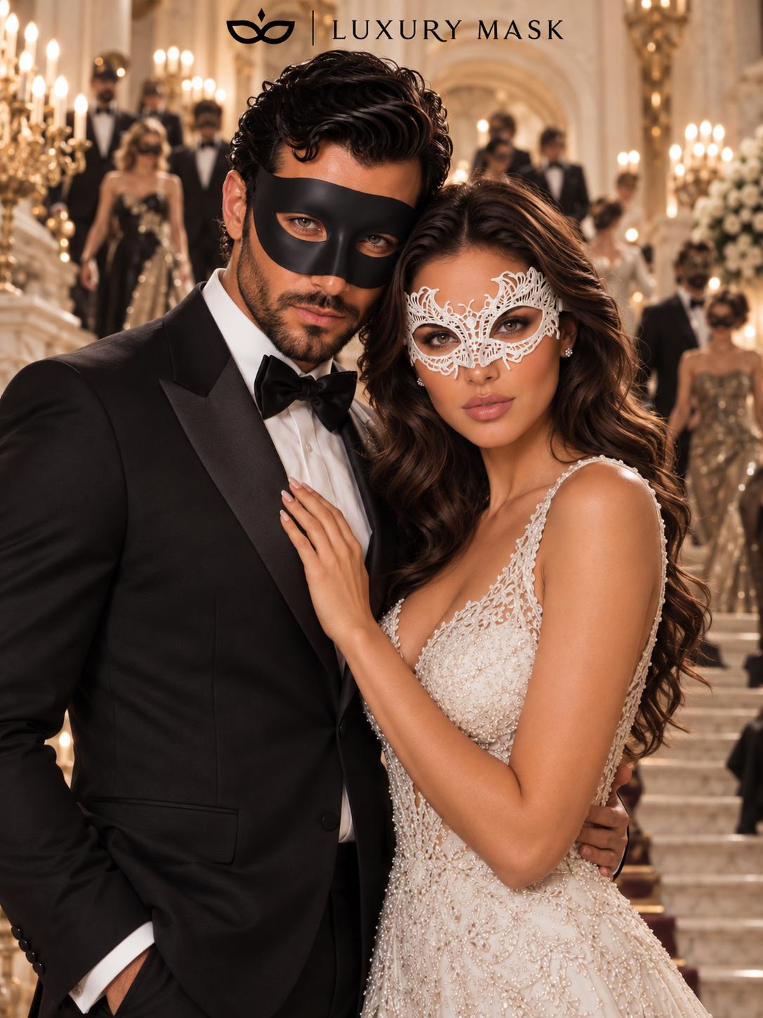 Black & White Venetian Masquerade Masks | Classic Black Mask for Men with White Lace Mask for Women - product image 5