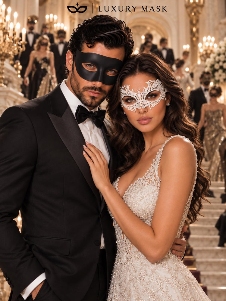Black & White Venetian Masquerade Masks | Classic Black Mask for Men with White Lace Mask for Women - product image 5