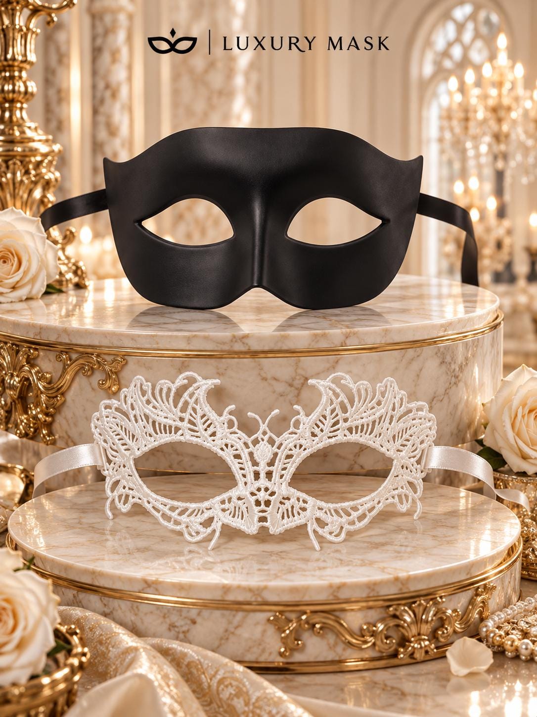 Black & White Venetian Masquerade Masks | Classic Black Mask for Men with White Lace Mask for Women - product image 6