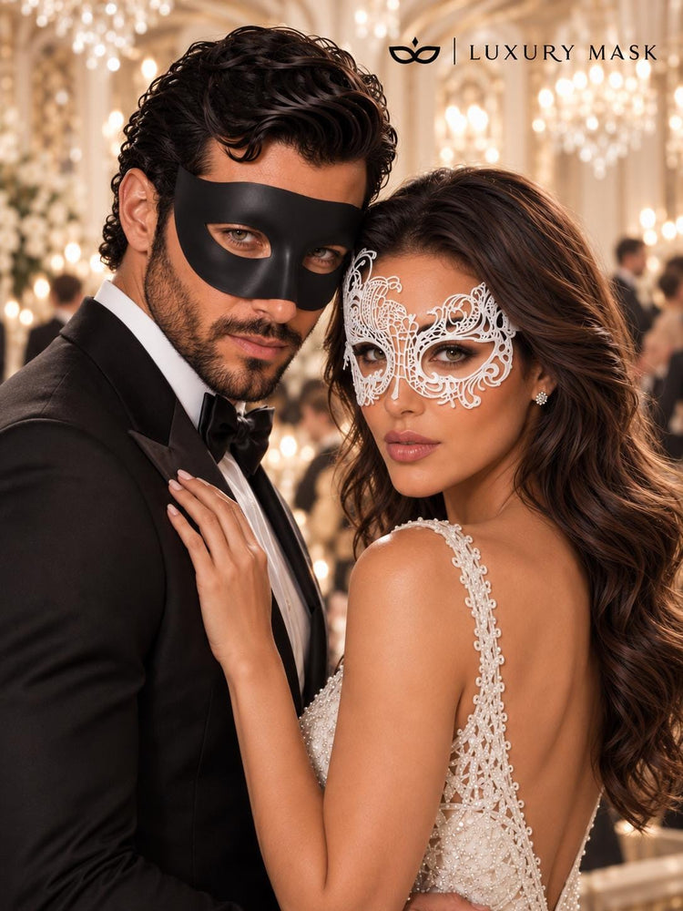 Black Classic Venetian Mask for Men with White Swan Lace Mask for Women | Black & White Couples Masquerade Set - product image 2