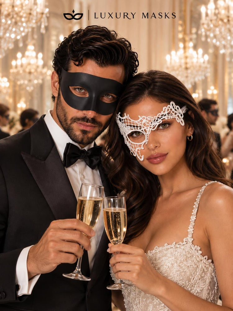 Black & White Masquerade Couple Masks | Classic Venetian Mask for Men with White Phantom Lace Mask for Women - product image 3