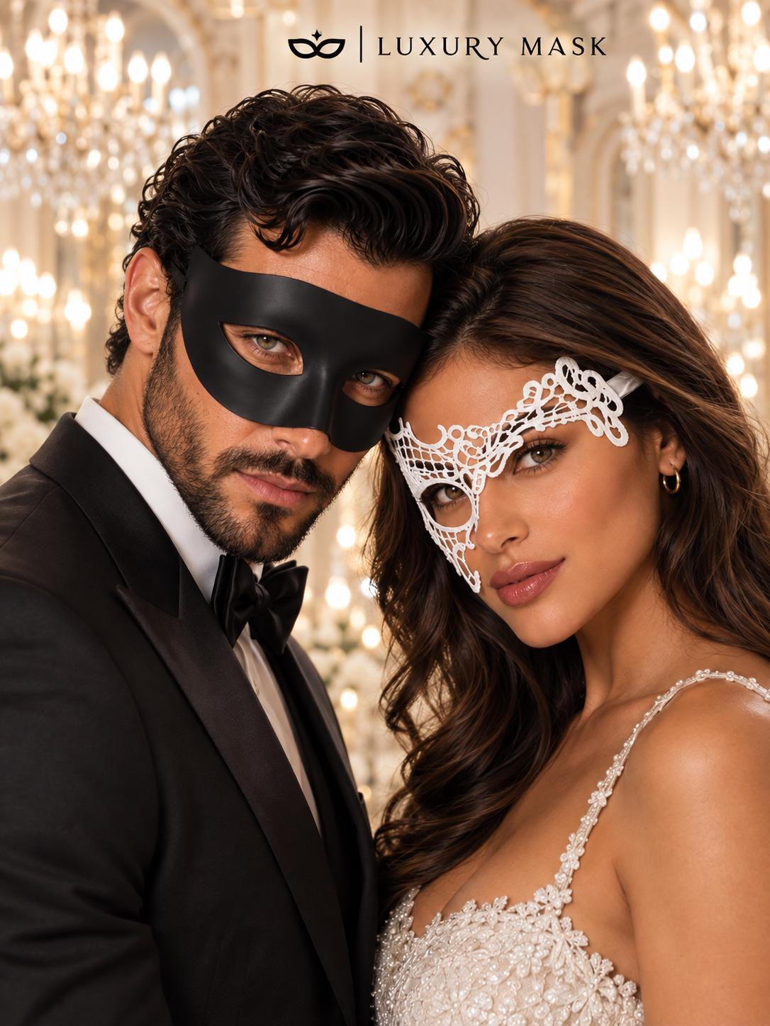 Black & White Masquerade Couple Masks | Classic Venetian Mask for Men with White Phantom Lace Mask for Women - product image 2