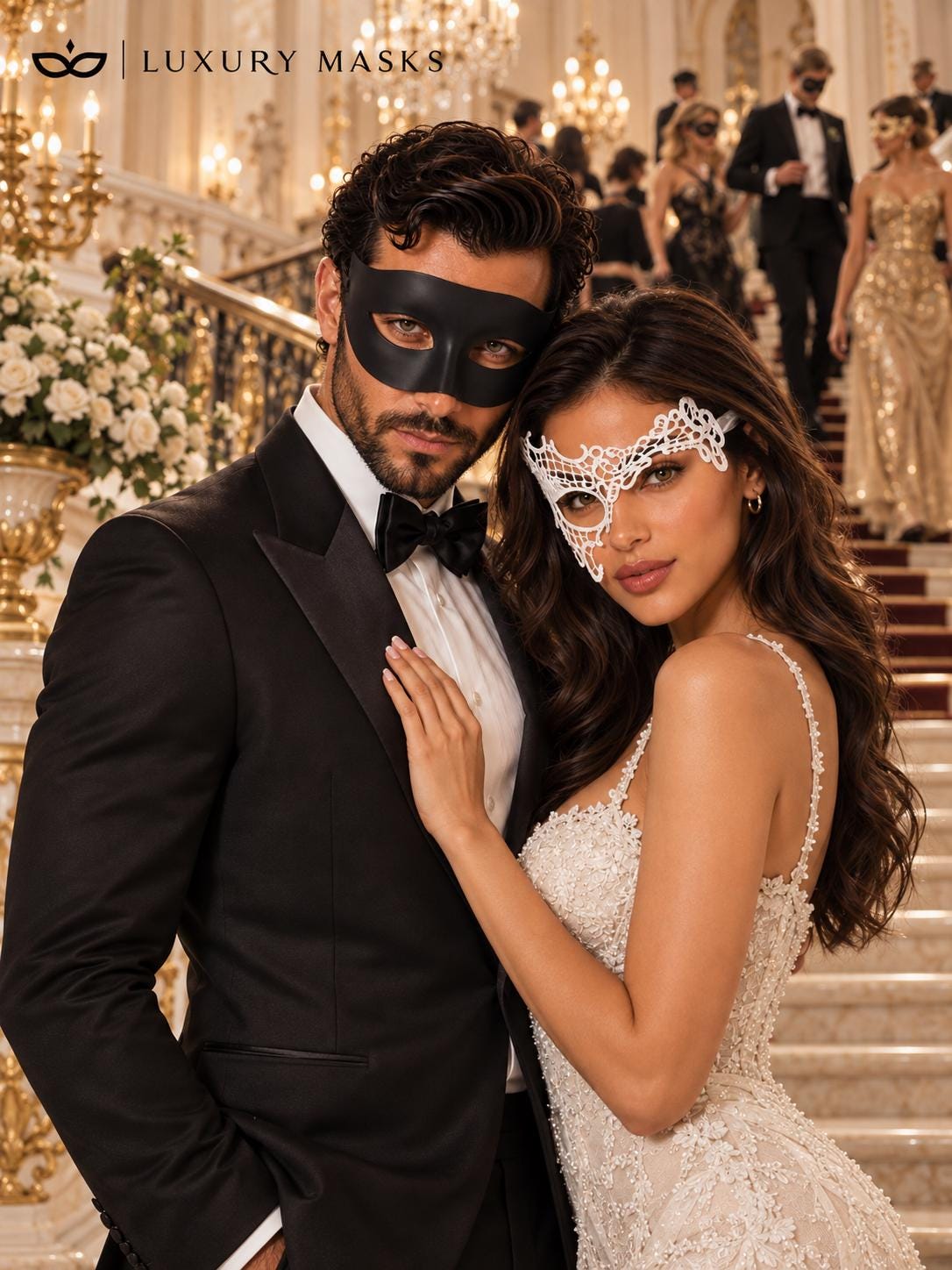 Black & White Masquerade Couple Masks | Classic Venetian Mask for Men with White Phantom Lace Mask for Women - product image 5