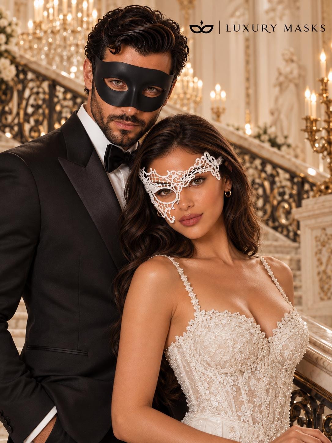 Black & White Masquerade Couple Masks | Classic Venetian Mask for Men with White Phantom Lace Mask for Women - product image 4
