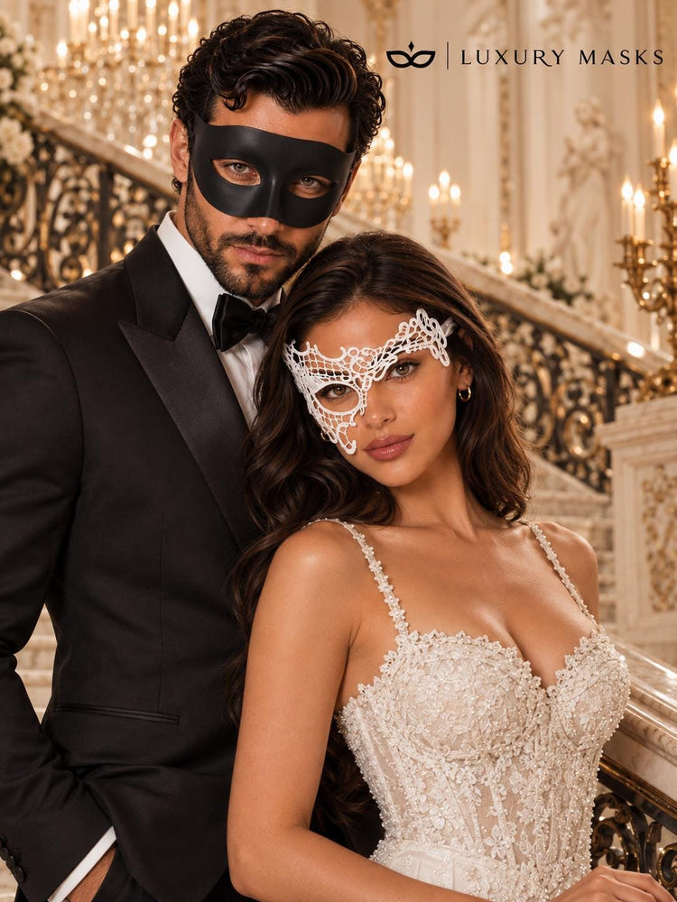 Black & White Masquerade Couple Masks | Classic Venetian Mask for Men with White Phantom Lace Mask for Women - product image 4