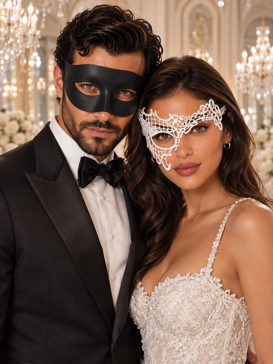 Black & White Masquerade Couple Masks | Classic Venetian Mask for Men with White Phantom Lace Mask for Women - product image 1