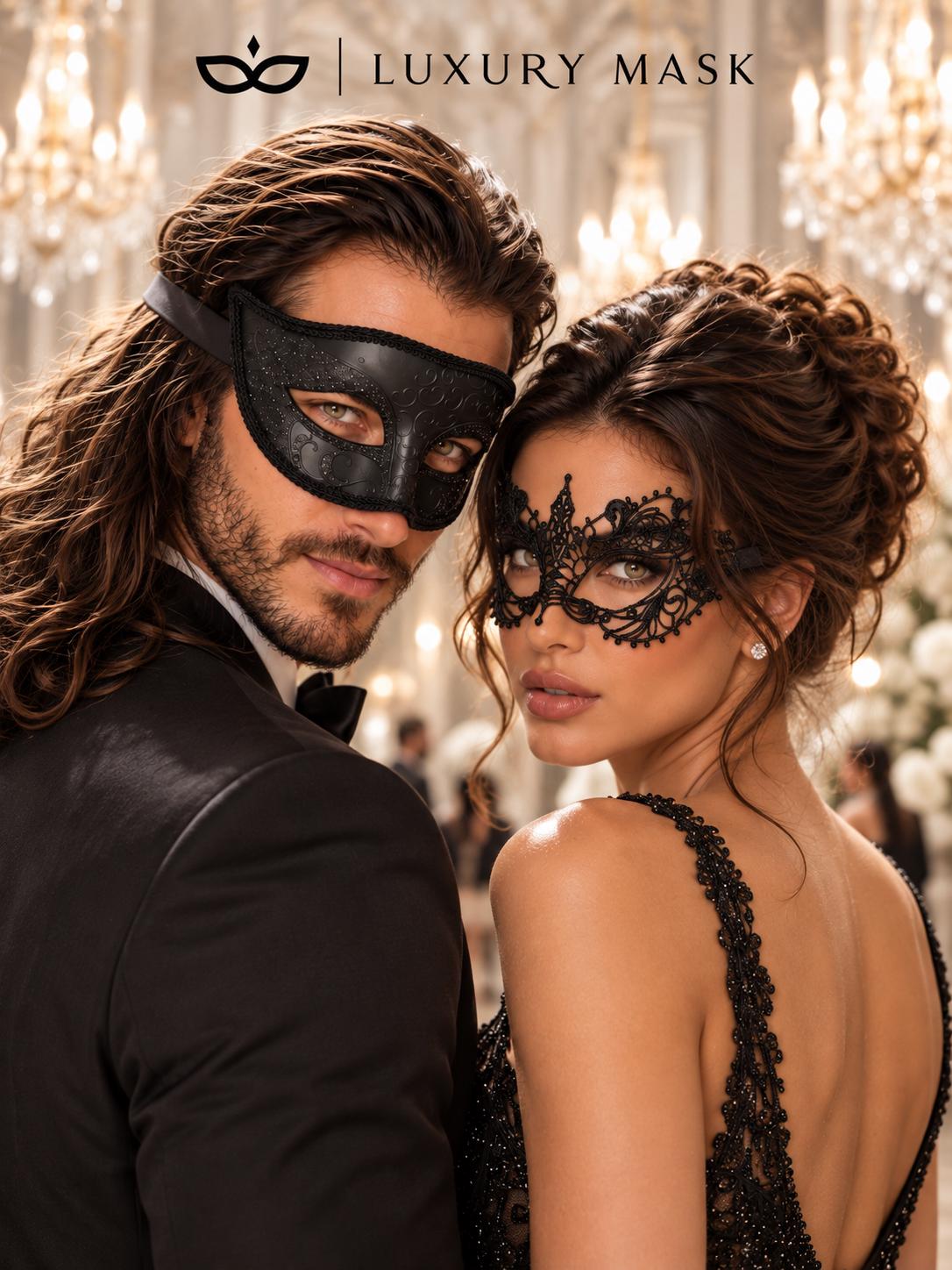 Black Glitter Venetian Mask for Men & Black Lace Mask for Women | His and Hers Masquerade Mask Set - product image 3