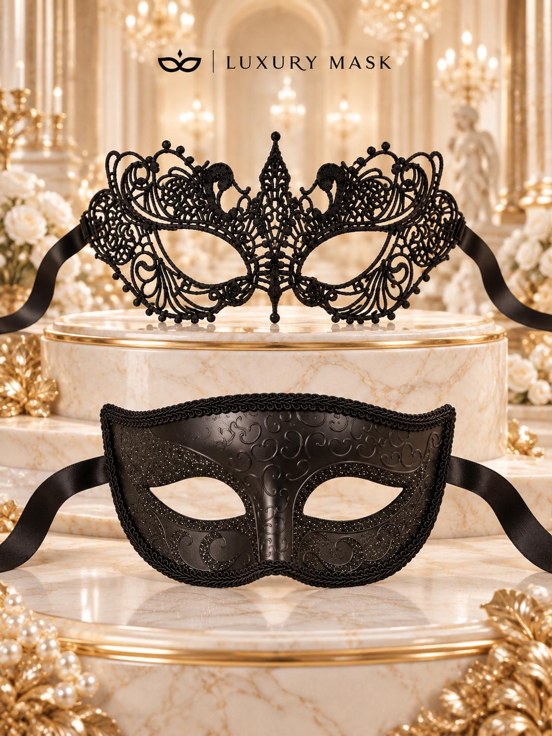 Black Glitter Venetian Mask for Men & Black Lace Mask for Women | His and Hers Masquerade Mask Set - product image 6