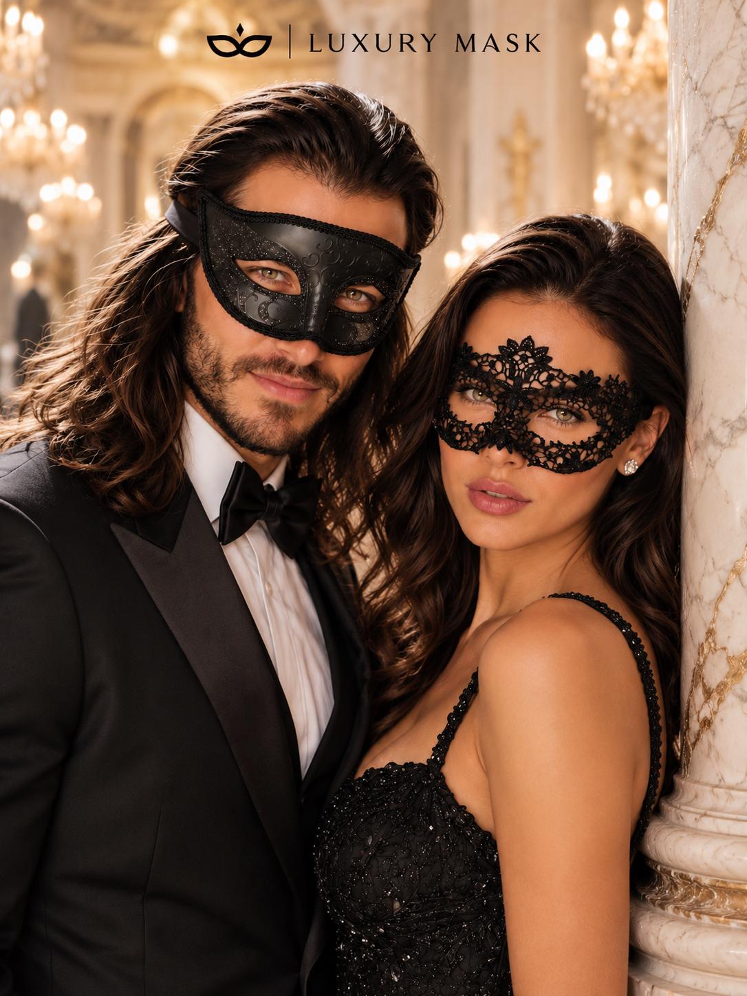 Black Glitter Venetian Mask for Men with Black Flower Lace Mask for Women | Couples Masquerade Mask Set - product image 3