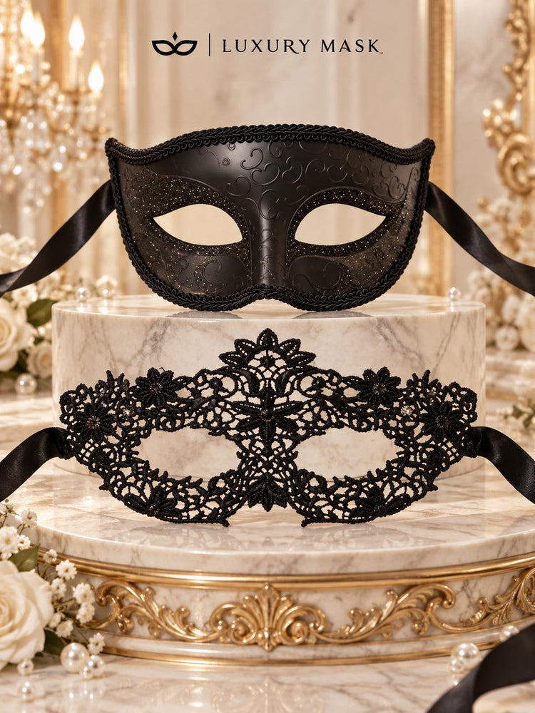 Black Glitter Venetian Mask for Men with Black Flower Lace Mask for Women | Couples Masquerade Mask Set - product image 6