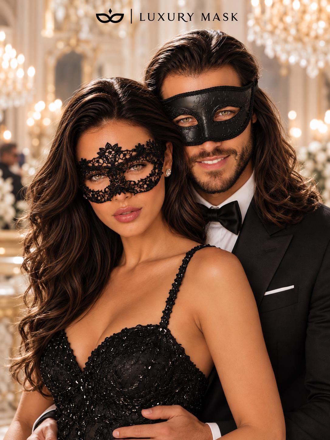 Black Glitter Venetian Mask for Men with Black Flower Lace Mask for Women | Couples Masquerade Mask Set - product image 4