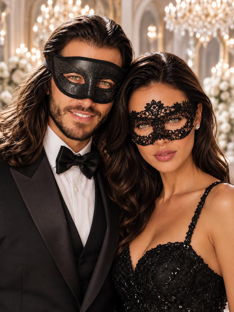 Black Glitter Venetian Mask for Men with Black Flower Lace Mask for Women | Couples Masquerade Mask Set - product image 1