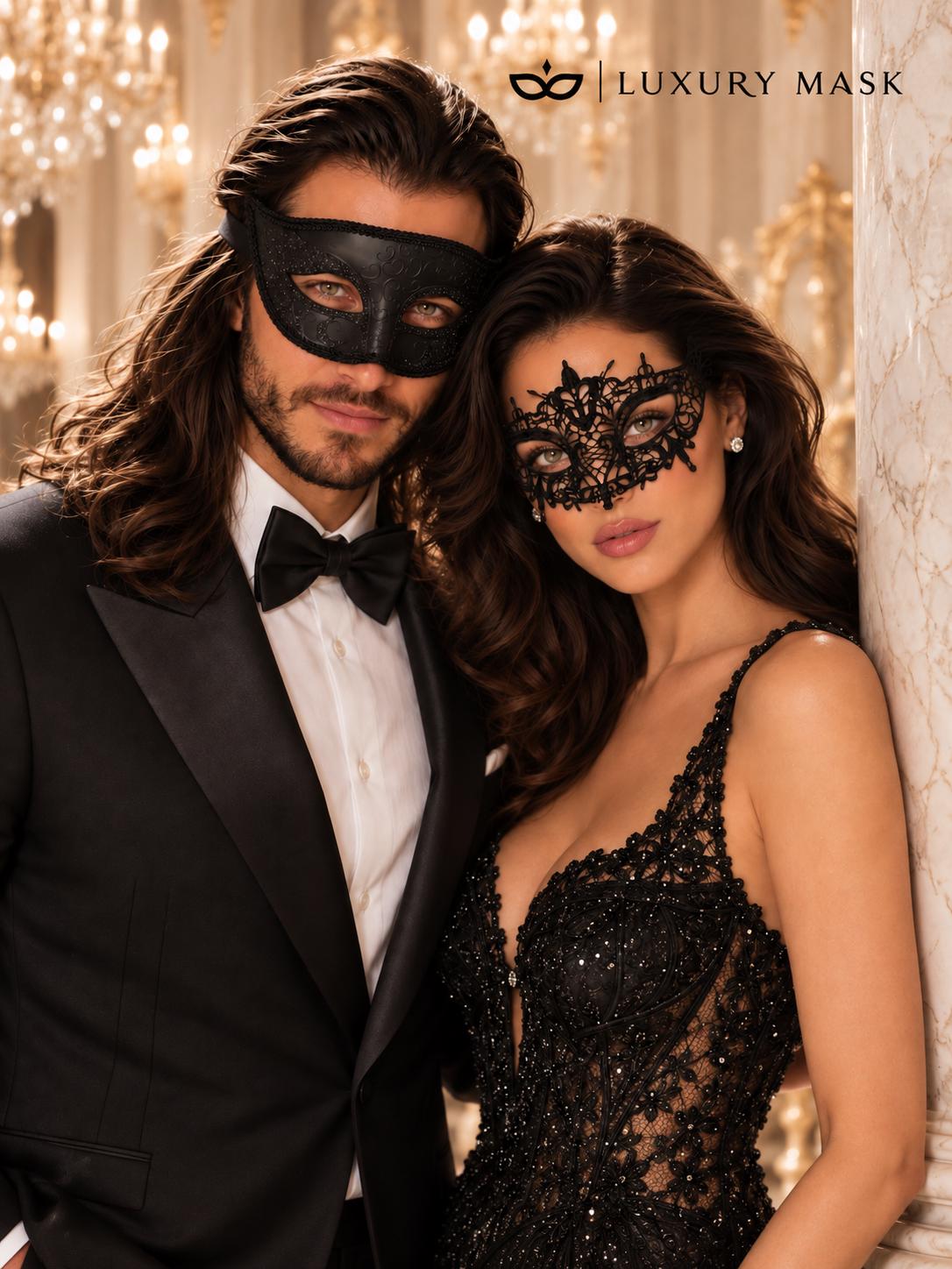Black Venetian Glitter Mask for Men & Black Lace Mask for Women | Elegant Couples Masquerade Masks - product image 4