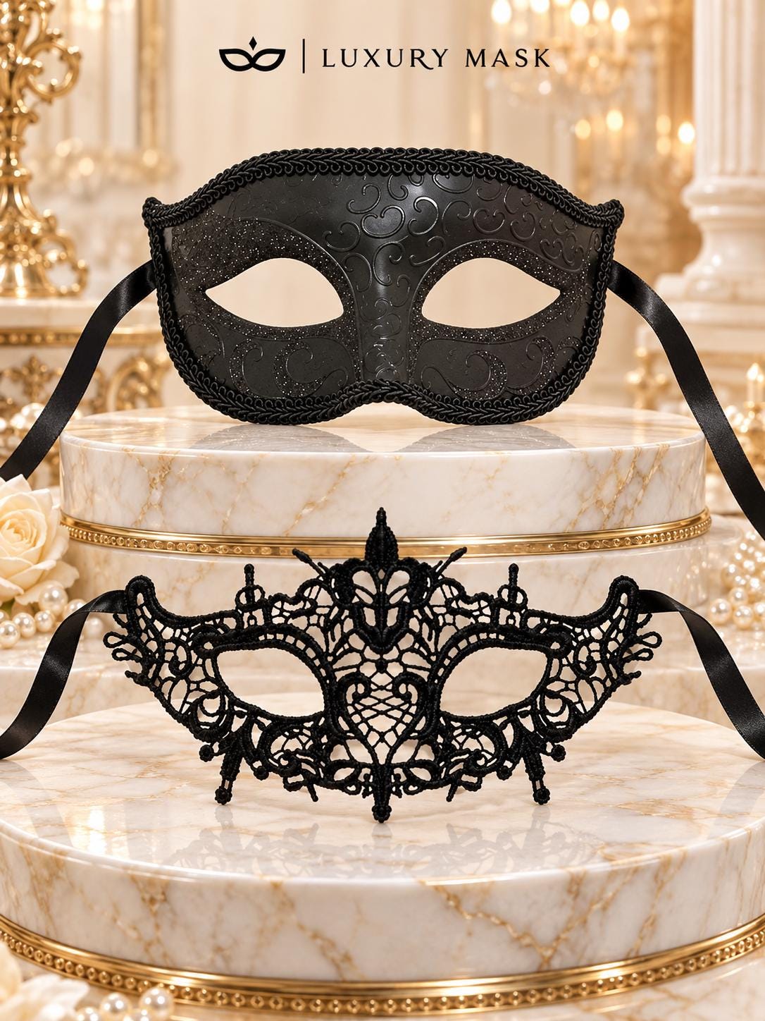 Black Venetian Glitter Mask for Men & Black Lace Mask for Women | Elegant Couples Masquerade Masks - product image 6