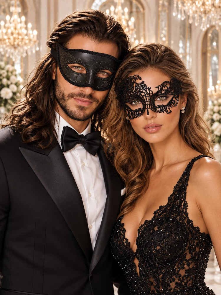Black Swan Lace & Glitter Venetian Masks for Couples | Men&