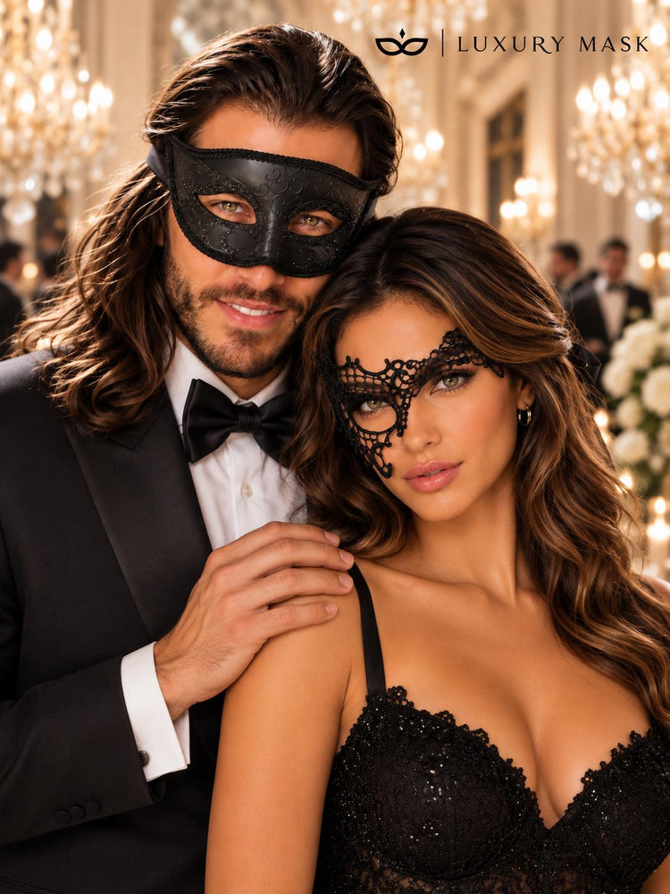 Black Phantom Lace Mask for Women with Black Glitter Venetian Mask for Men | Couples Masquerade Set - product image 5