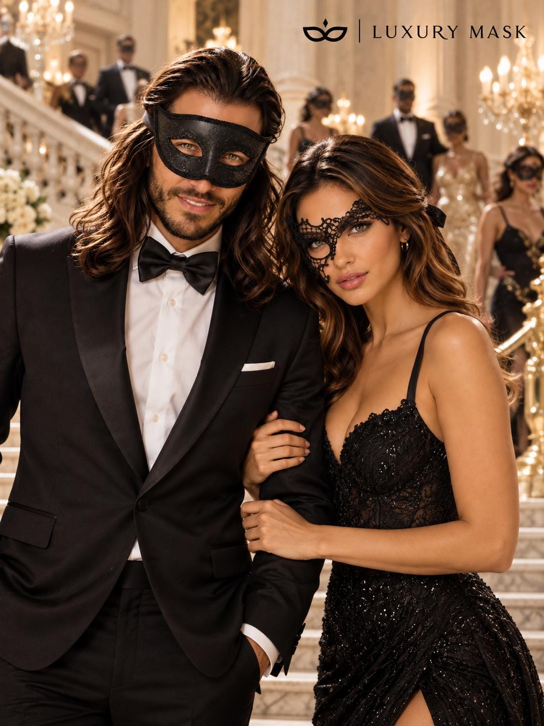 Black Phantom Lace Mask for Women with Black Glitter Venetian Mask for Men | Couples Masquerade Set - product image 4