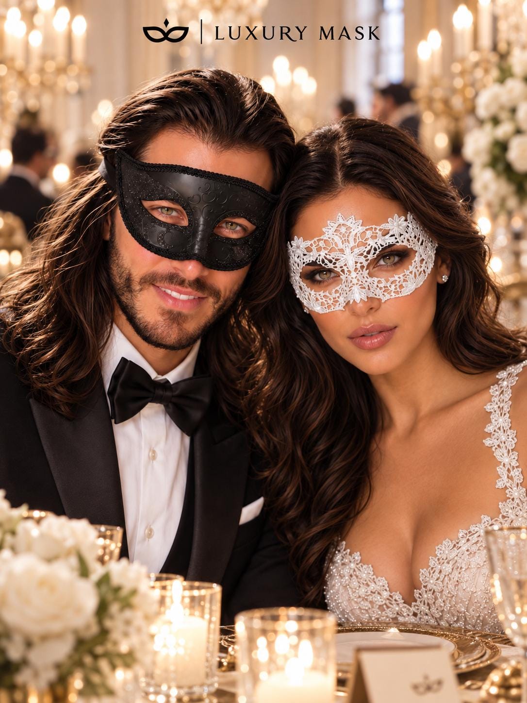 Black Glitter Venetian Mask for Men & White Flower Lace Mask for Women | Black White Couples Masquerade Set - product image 5