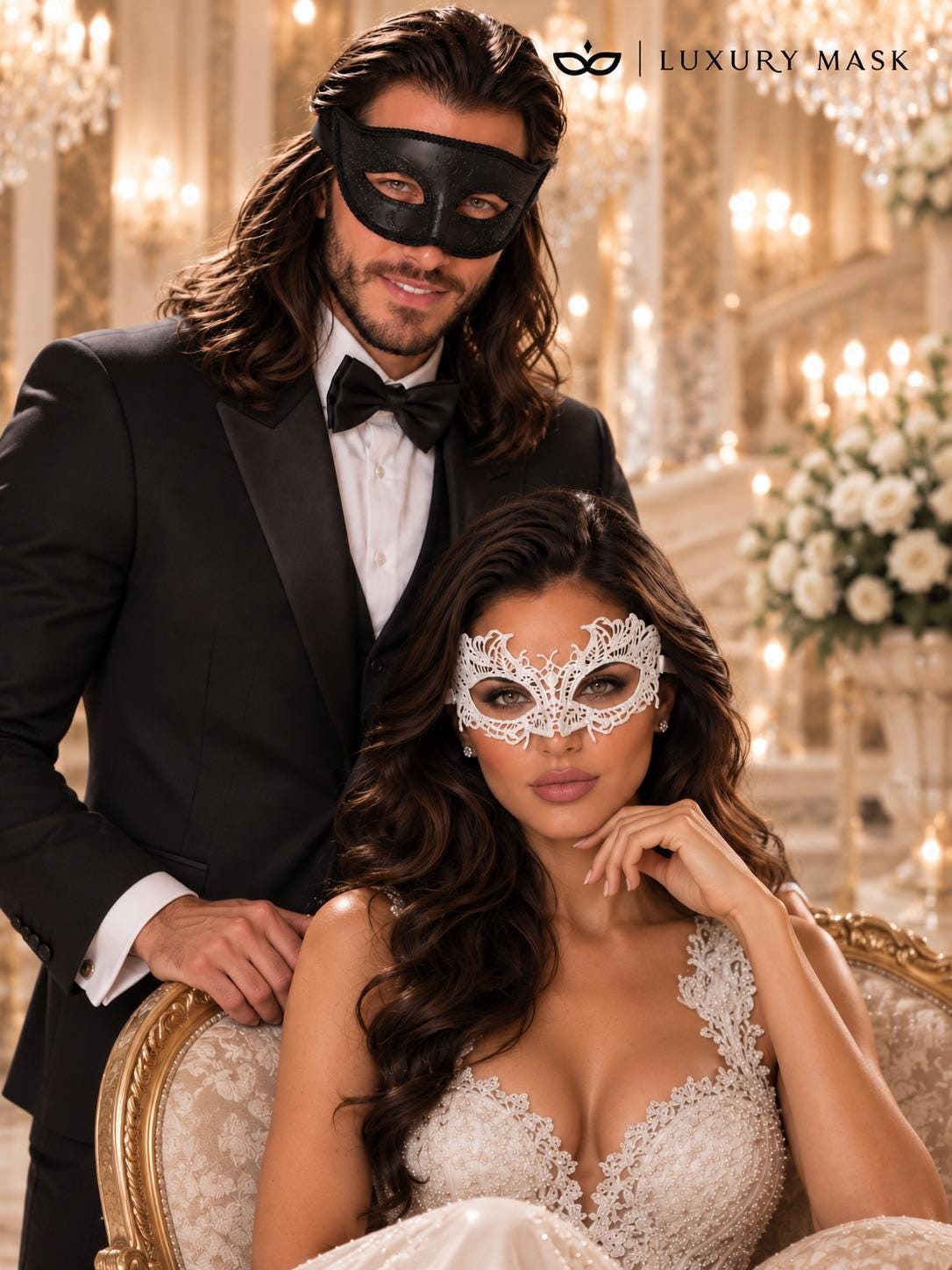 Black Glitter & White Lace Masquerade Masks | Venetian Men’s Mask with Elegant Women’s Lace Eye Mask - product image 4