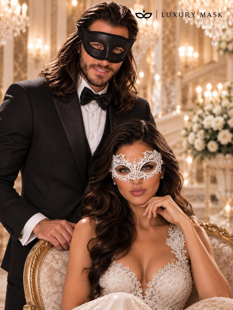 Black Glitter & White Lace Masquerade Masks | Venetian Men’s Mask with Elegant Women’s Lace Eye Mask - product image 4