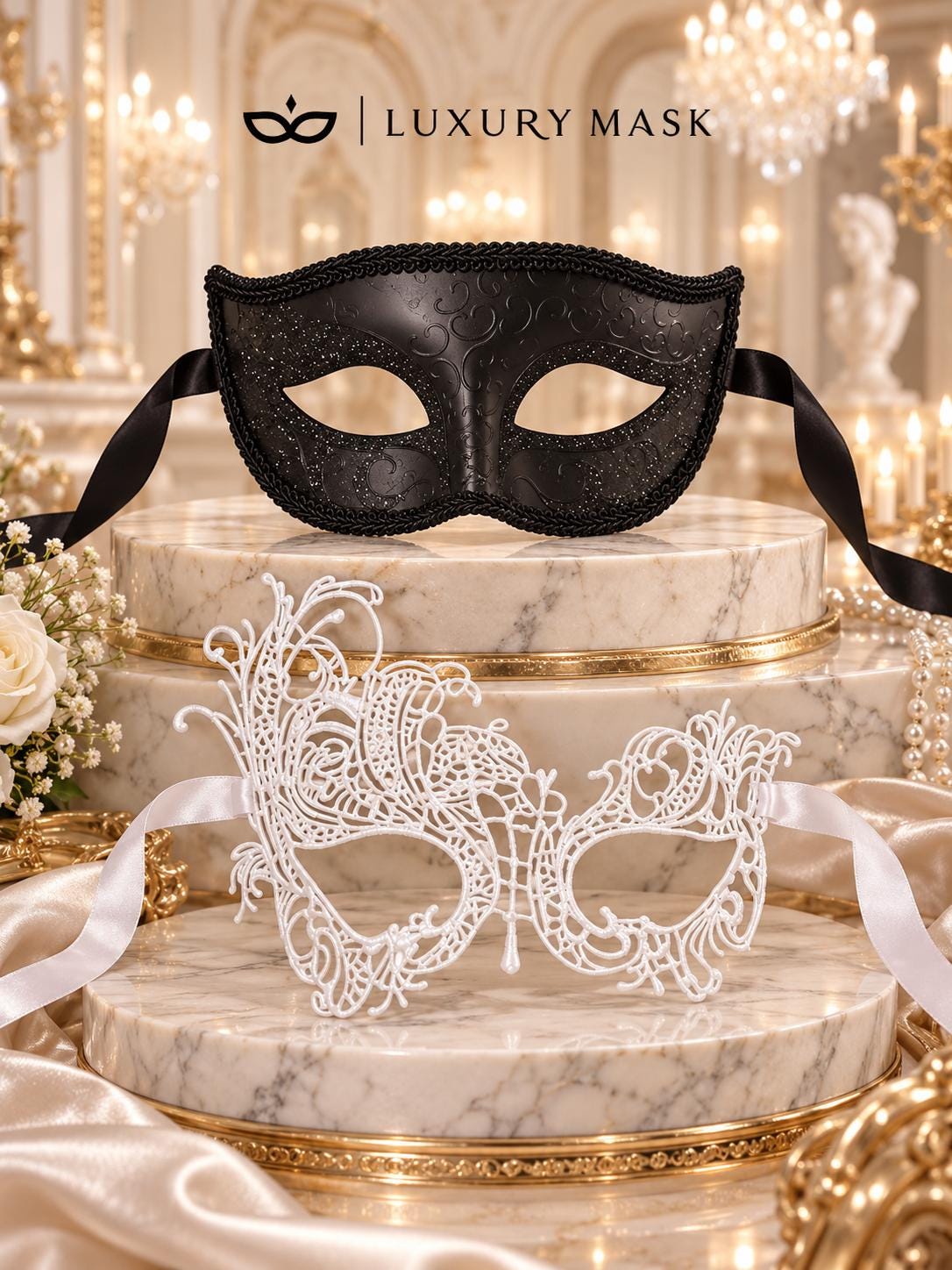 White Swan Lace Masquerade Mask for Women with Black Glitter Venetian Mask for Men | Elegant Couples Mask Set - product image 6